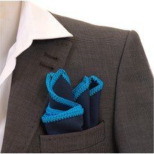 Exve Exclusive Lacivert  Keten Üzeri Mavi Kenar Örgülü Cep Yaka Mendili