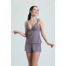 Magic Form 17378 Kadın Dantelli Modal Ip Askılı Şort Takım-Çinko