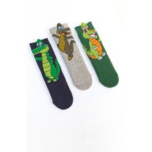 Mem Socks 3'lü Dinazor Desenli Kaydırmaz Çocuk Havlu Çorap