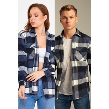 Tarz Cool Sevgili Kombini Unisex Koyu Mavi-Beyaz Çift Cep Kapaklı Slim Fit Oduncu Gömlek