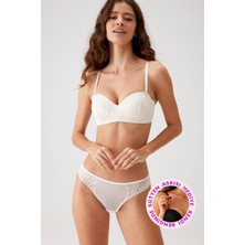 Pierre Cardin Ekru 4812 Ales Çiçek Desen Dantelli Desteksiz Strapez Iç Çamaşırı Takımı (Tak - Çıkar Askı Hediyeli)