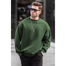 Haki Bisiklet Yaka Oversize Şardonlu Basic Erkek Sweatshirt 6048