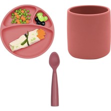 OiOi Bordo Porsiyon Tabak Bardak Nam Nam Kaşık 3'lü Set Silikon 6 Ay+ Ergonomik Tasarım