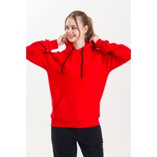 Pulur.co Kırmızı Kapüşonlu Kanguru Cepli Basic Sweatshirt