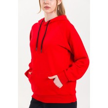 Pulur.co Kırmızı Kapüşonlu Kanguru Cepli Basic Sweatshirt