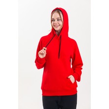 Pulur.co Kırmızı Kapüşonlu Kanguru Cepli Basic Sweatshirt