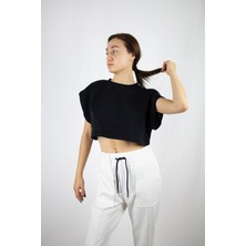 Pulur.co Siyah Basic Kolsuz Crop Sweatshirt