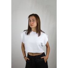 Pulur.co Beyaz Basic Kolsuz Crop Sweatshirt