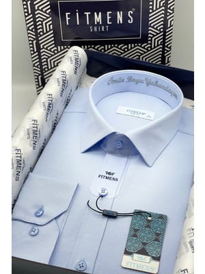 Fitmens Erkek Slim Fit Uzun Kol Ömür Boyu Yakandayım Nakışlı Hediye Kutulu Gömlek - Mavi