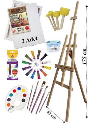 Artlantis Akrilik Boya Resim Başlangıç Seti Adel 12 Renk Akrilik Boya Şövalye 2 Tuval 50X70 Fırça Spatula Şövale