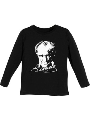 Nacar Çarşı Uzun Kol Atatürk Baskılı T-Shirt Erkek Çocuk Günlük Siyah Dar Kesim