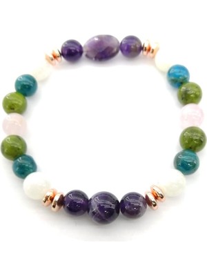 Safnaturel Sertifikalı Ametist, Hematit, Yeşim, Ay Taşı, Apatit Doğal Taş Bileklik 8 mm