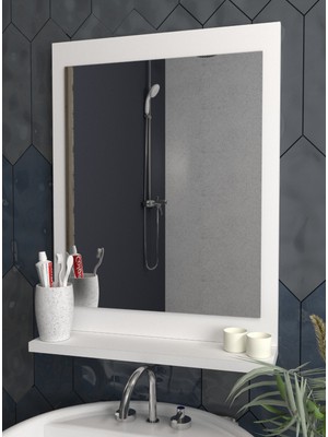 Sezer Mobilya Raflı Dikey Ayna 60X45CM Beyaz Dresuar Koridor Duvar Salon Banyo Wc Ofis Yatak Odası Aynası dikey