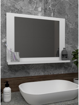 Sezer Mobilya  Beyaz Raflı Banyo Aynası Dresuar  Koridor Duvar Salon Wc Ofis Yatak Odası Ayna 60X45CM