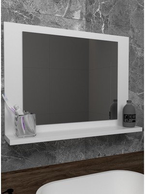 Sezer Mobilya  Beyaz Raflı Banyo Aynası Dresuar  Koridor Duvar Salon Wc Ofis Yatak Odası Ayna 60X45CM