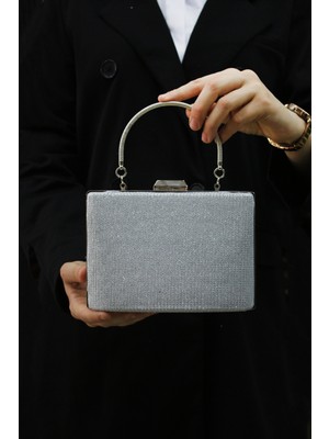 Roza Çanta Kadın Cupra Gümüş Simli Abiye , Clutch Gece Çantası