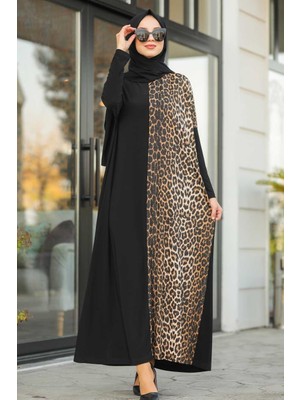 Neva Style Leopar Desenli Siyah Tesettür Elbise 5453S