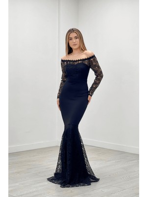 giyimmasalı Üst Güpür Dantel Alt Double Kumaş Kayık Yaka Abiye Elbise Siyah