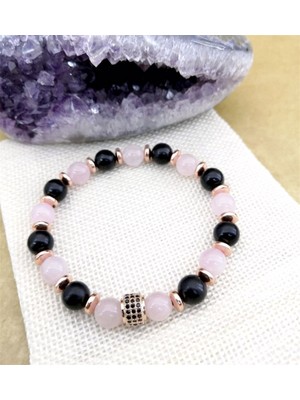 Safnaturel Sertifikalı Pembe Kuvars ve Shungite Doğal Taş Bileklik 8 mm