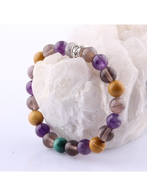 Safnaturel Sertifikalı 8 mm Bileklik Botswana Akik - Ametist - Dumanlı Kuvars - Jasper - Malahit