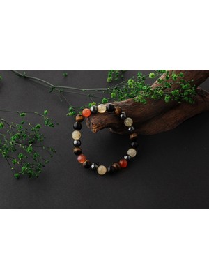 Safnaturel Sertifikalı 8 mm Bileklik Karnelyan Turuncu Akik, Sitrin, Kaplan Gözü, Obsidyen, Hematit