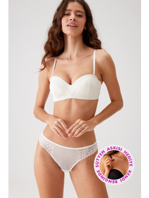 Pierre Cardin Ekru 4812 Ales Çiçek Desen Dantelli Desteksiz Strapez Iç Çamaşırı Takımı (Tak - Çıkar Askı Hediyeli)