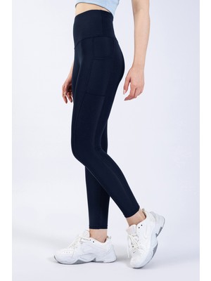 The Step Sports Kadın Lacivert Yüksek Bel Toparlayıcı Cepli Yoga Tayt 25" 4 Yöne Esneyen Özellik