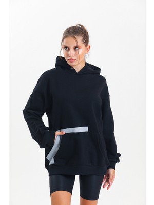 Pulur.co Siyah Kapüşonlu Çift Kanguru Cepli Oversize Sweatshirt