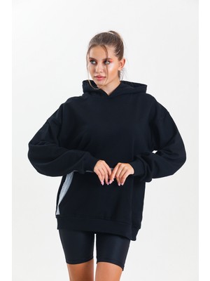 Pulur.co Siyah Kapüşonlu Çift Kanguru Cepli Oversize Sweatshirt