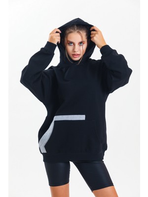 Pulur.co Siyah Kapüşonlu Çift Kanguru Cepli Oversize Sweatshirt