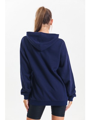 Pulur.co Lacivert Kapüşonlu Çift Kanguru Cepli Oversize Sweatshirt