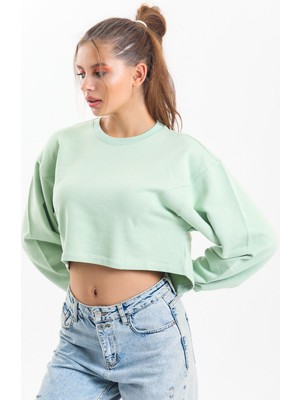 Pulur.co Su Yeşili Oversize Crop Sweatshirt