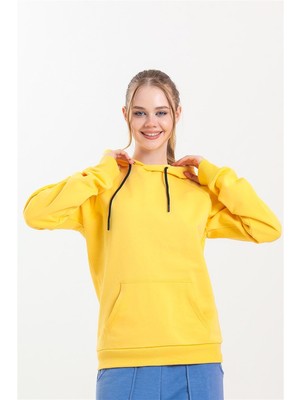 Pulur.co Sarı Kapüşonlu Kanguru Cepli Basic Sweatshirt
