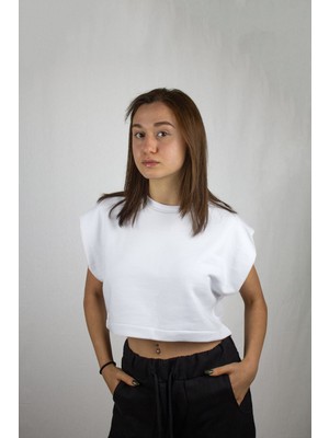 Pulur.co Beyaz Basic Kolsuz Crop Sweatshirt