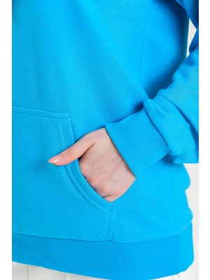 Pulur.co Turkuaz Kapüşonlu Kanguru Cepli Basic Sweatshirt