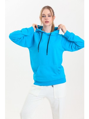 Pulur.co Turkuaz Kapüşonlu Kanguru Cepli Basic Sweatshirt