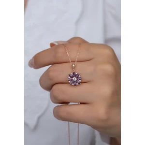 925 Ayar Gümüş Mor Taşlı Lotus Çiçeği Kolye