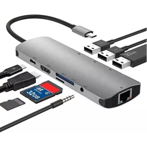 Hb-10 9in1 Macbook Uyumlu Type-C To Gigabit Ethernet-4k HDMI Çevirici Dönüştürücü Adaptör