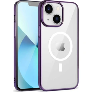Case 4U Apple iPhone 14 Kılıf Darbeye Dayanıklı Renkli Kenar Sert Silikon Wireless Şarj Özellikli Pixel Magsafe Kapak Koyu Mor