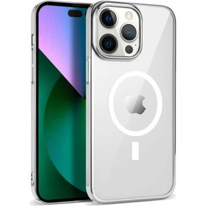 Case 4U Apple iPhone 13 Pro Max Kılıf Darbeye Dayanıklı Renkli Kenar Sert Silikon Wireless Şarj Özellikli Pixel Magsafe Kapak Gümüş