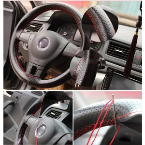 Direksiyon Kılıfı Deri Dikişli Noktalı Dikmeli Direksiyon Kılıfı - Kırmızı Dikiş