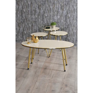 Gold Falez Zigon Sehpa ve Orta Sehpa Elips Krem Set Metal Ayak Çift Gold