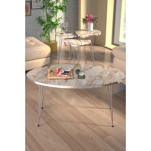 Gold Falez Modern Salon İçin Orta Sehpa ve 3'lü Zigon Takımı Gümüş Metal Ayaklı Yonga Levha 90x50x43 cm