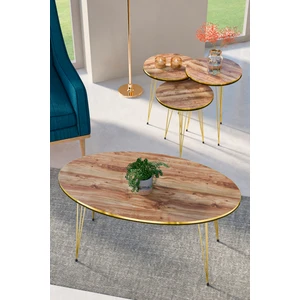 Gold Falez Zigon Sehpa ve Orta Sehpa  Elips Set Çift Gold Ceviz Tel