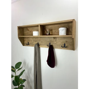 O&A Wood Doğal Ahşap Vestiyer, Dekoratif 4 Askılı Portmanto, Raflı 2 Bölmeli Vintage Elbise Askısı