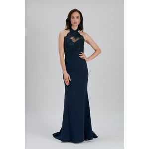 Neva Style Abiye Elbise Dantel Detaylı Lacivert Abiye Elbise 7385L