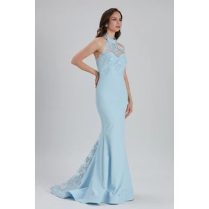 Neva Style Abiye Elbise Dantel Detaylı Bebek Mavisi Abiye Elbise 7385BM