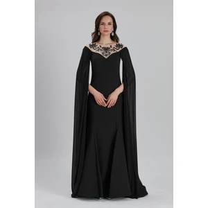 Neva Style Abiye Elbise Pelerinli Siyah Saten Bulava Abiye Elbise 4411S