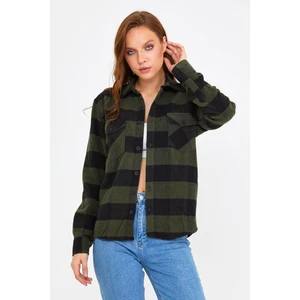 Tarz Cool Haki Kadın Slim Fit Düğmeli Yaka Çift Cepli Oduncu Ekose Gömlek