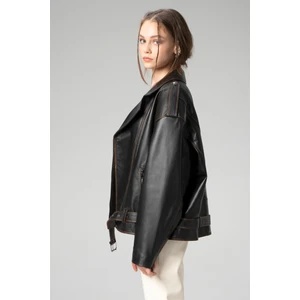 WM031 Oversize Biker Kadın Silme Deri Mont